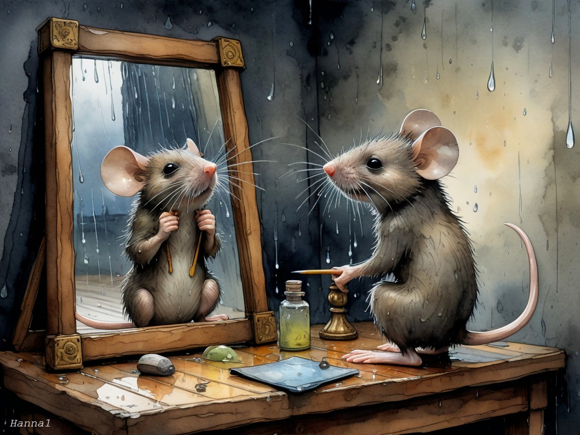 Curious Mouse Reflecting in a Dimly Lit Room