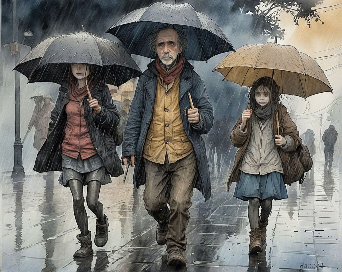 Man and Girls Walking in Rainy Cityscape with Umbrellas