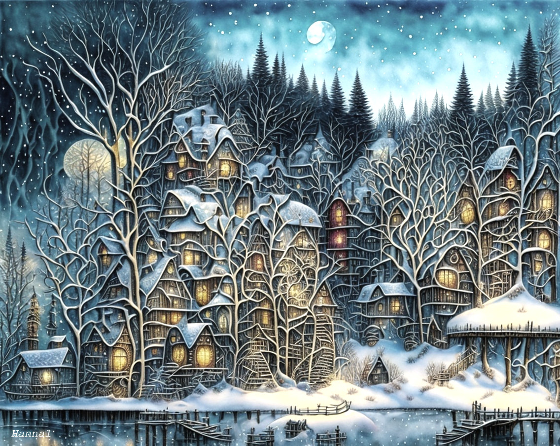 Winter Village Scene with Snowy Trees and Moonlight