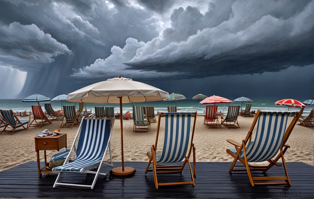 Beach Scene with Dark Clouds and Colorful Umbrellas
