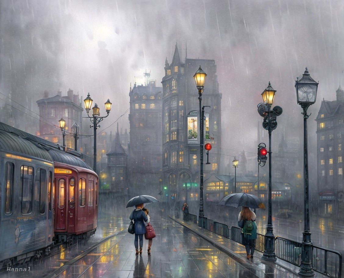 Rainy Cityscape with Women and Vintage Train
