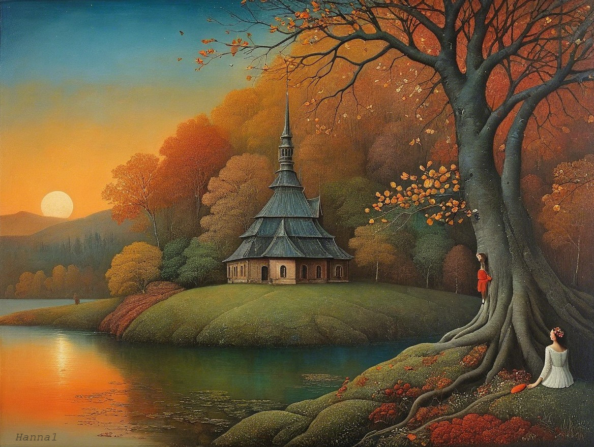 Serene landscape with pagoda and autumn trees