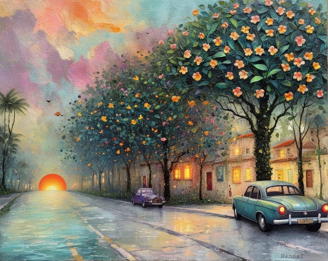 Serene street scene with vibrant sunset and vintage cars