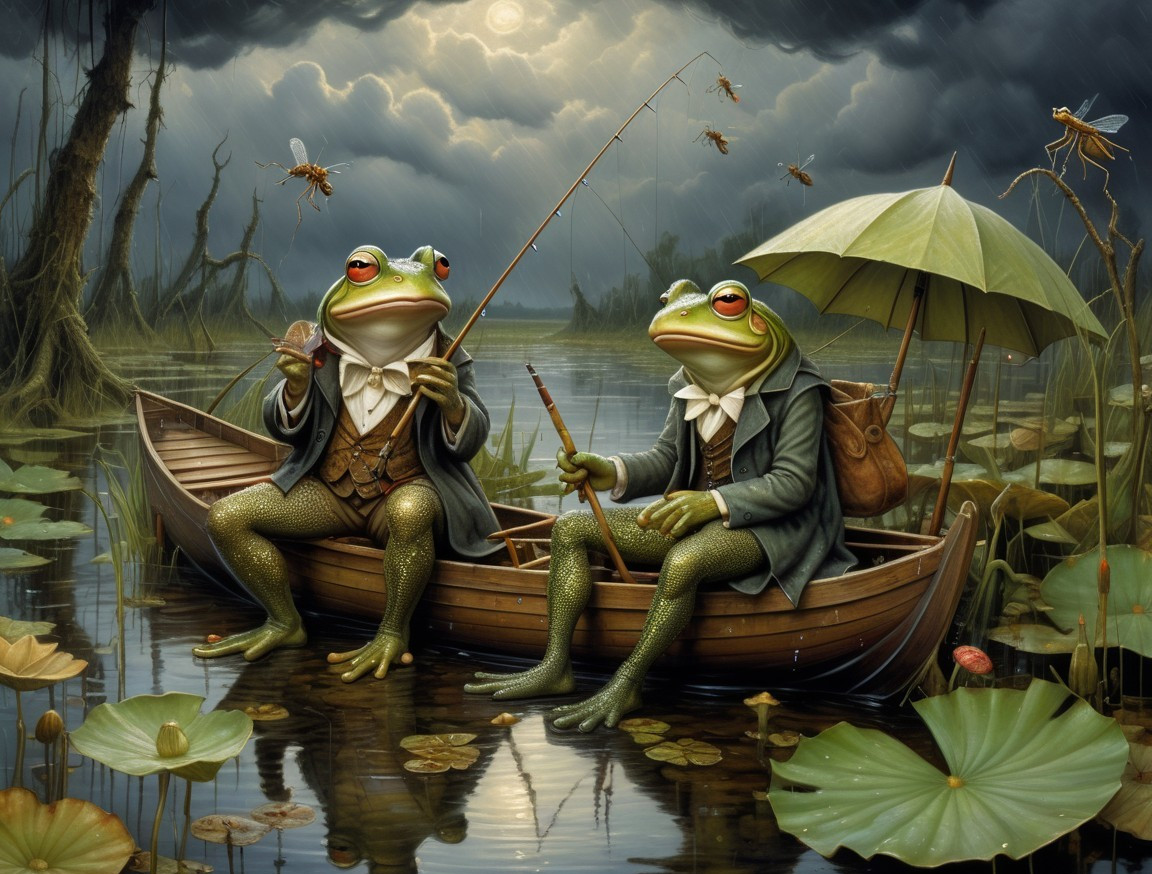 Anthropomorphic Frogs in Formal Attire on a Pond