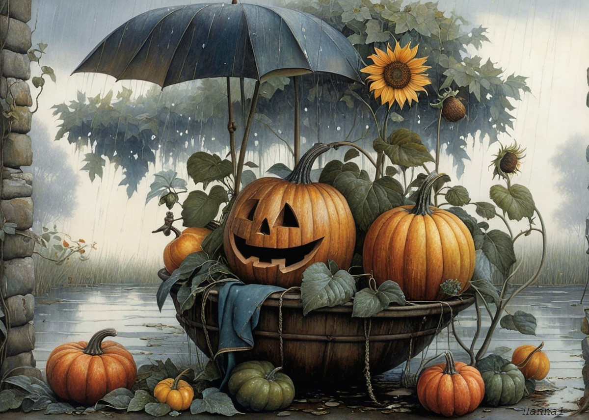 Whimsical Autumn Scene with Pumpkins and Sunflowers