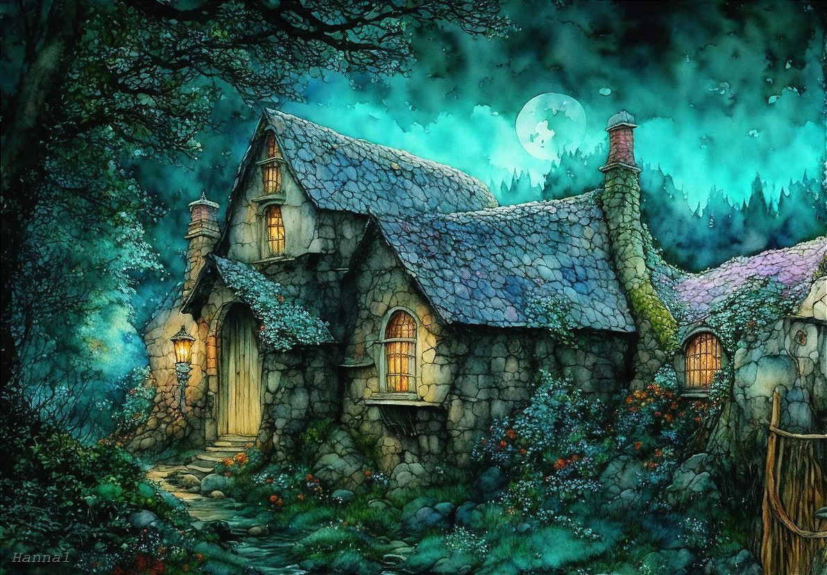 Mystical Cottage in a Forest with Glowing Lanterns
