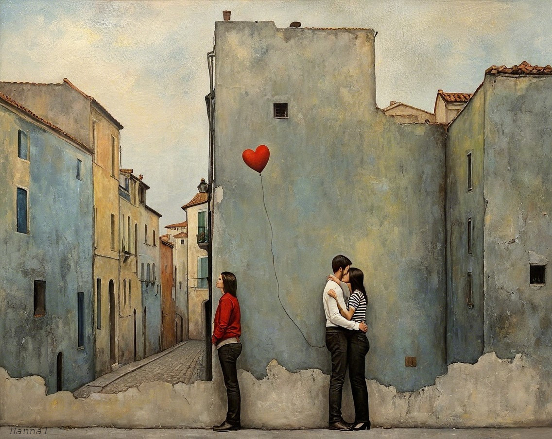 Surreal Scene of Kissing Figures on Cobblestone Street