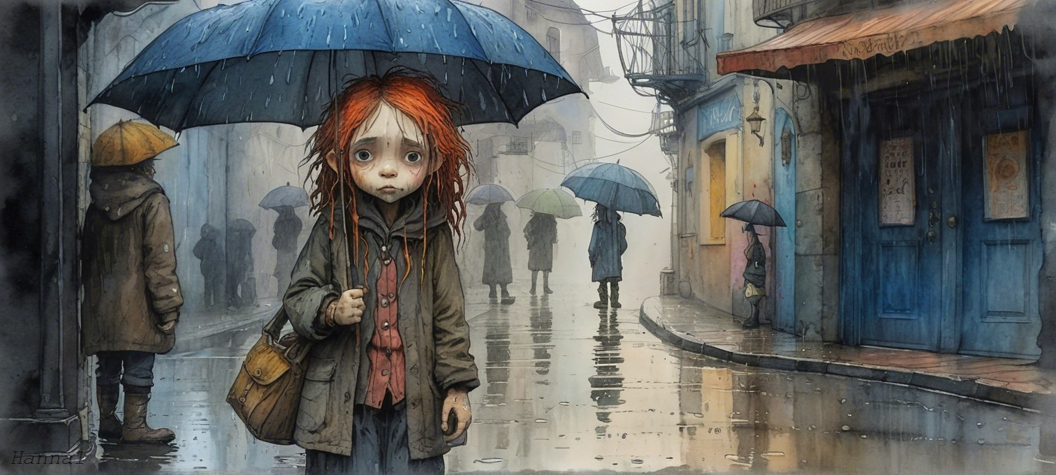 Rainy Street Scene with Young Girl Under Umbrella
