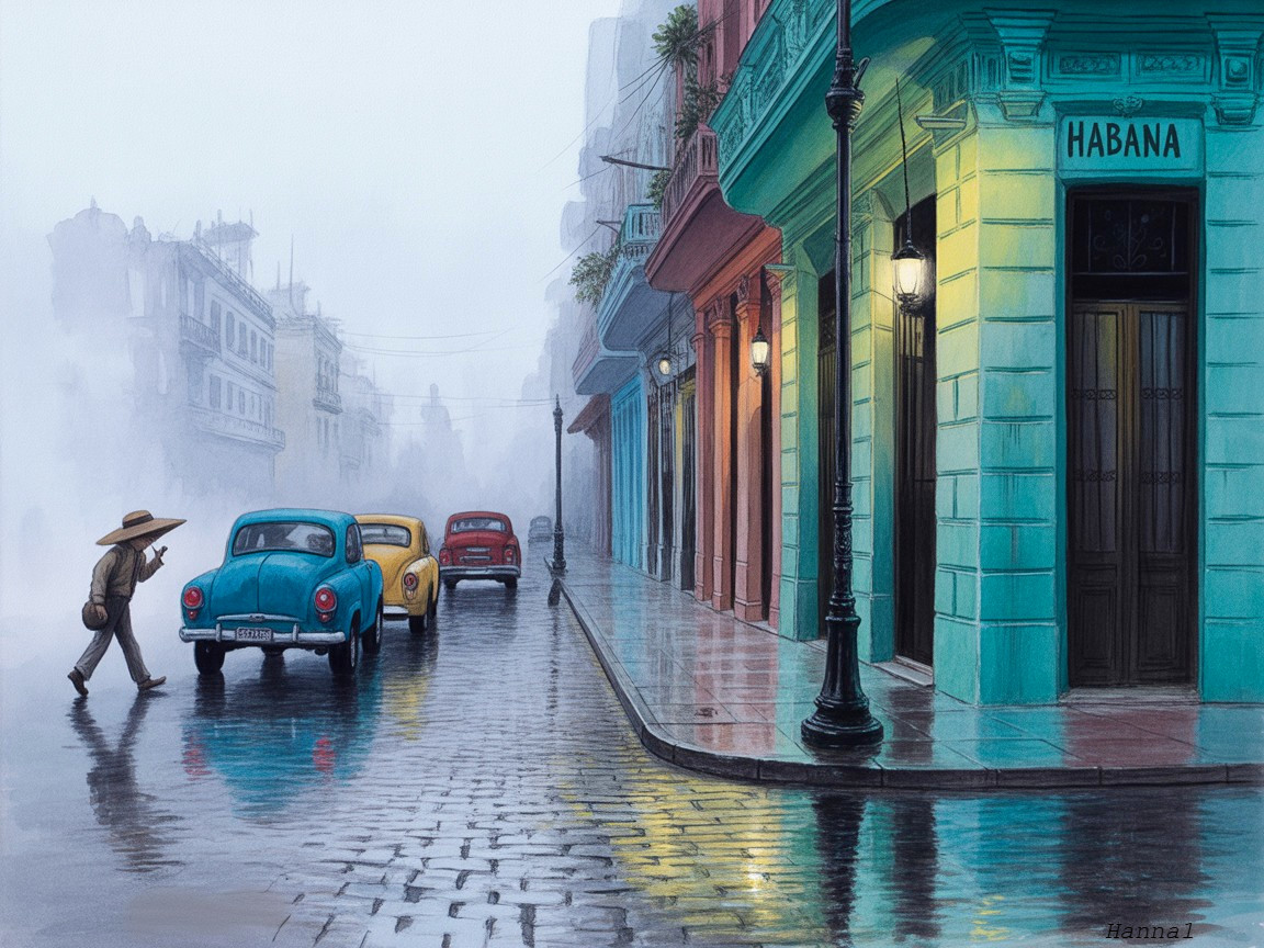 Quaint Havana Street Scene with Classic Cars and Mist