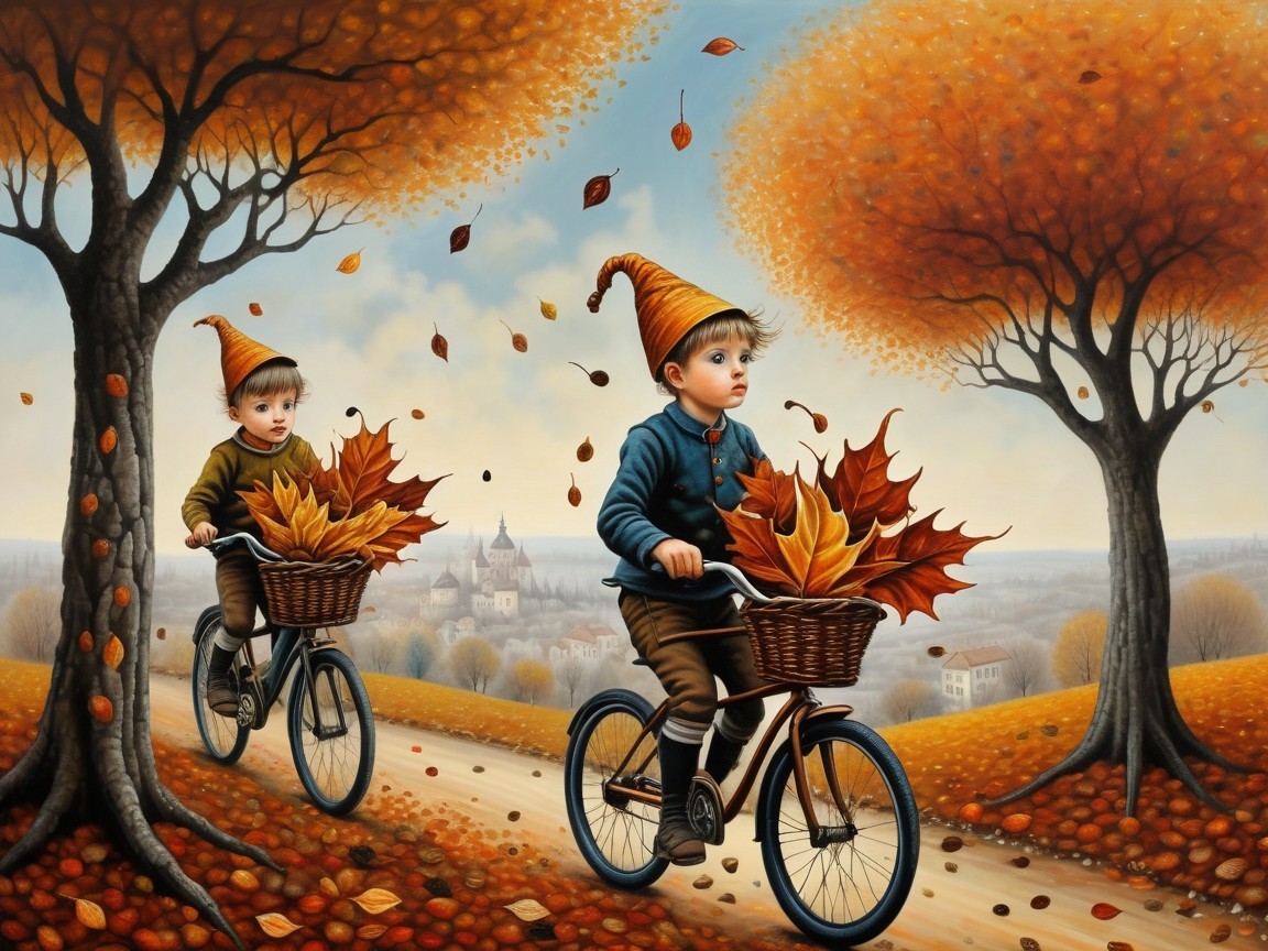 Boys Riding Bicycles on Autumn Path with Colorful Leaves