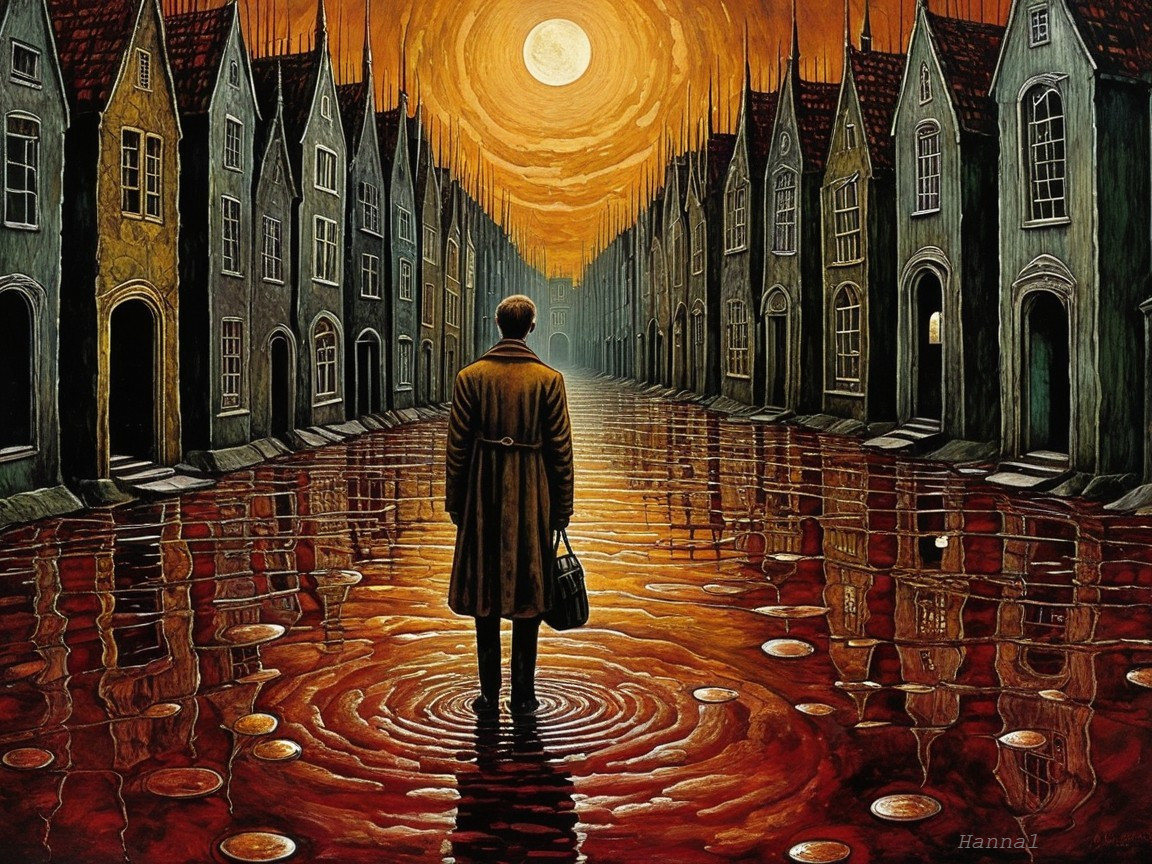 Solitary Figure on Cobblestone Street at Dusk