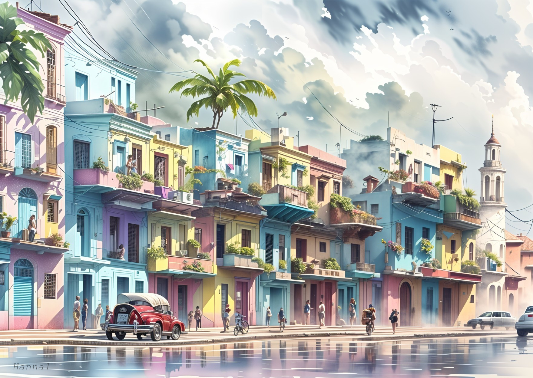 Vibrant Street Scene with Colorful Buildings and Balconies