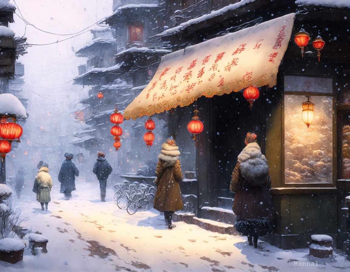 Snowy Street Scene with Lanterns and Winter Decor