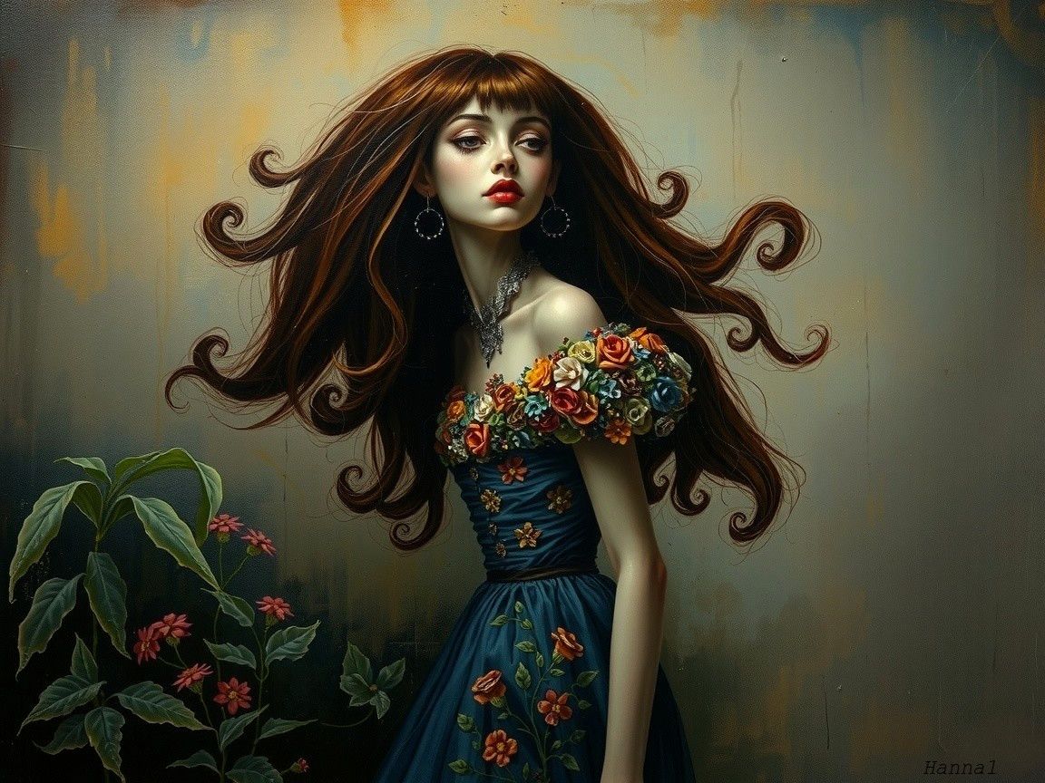 Young Woman in Floral Dress Surrounded by Nature