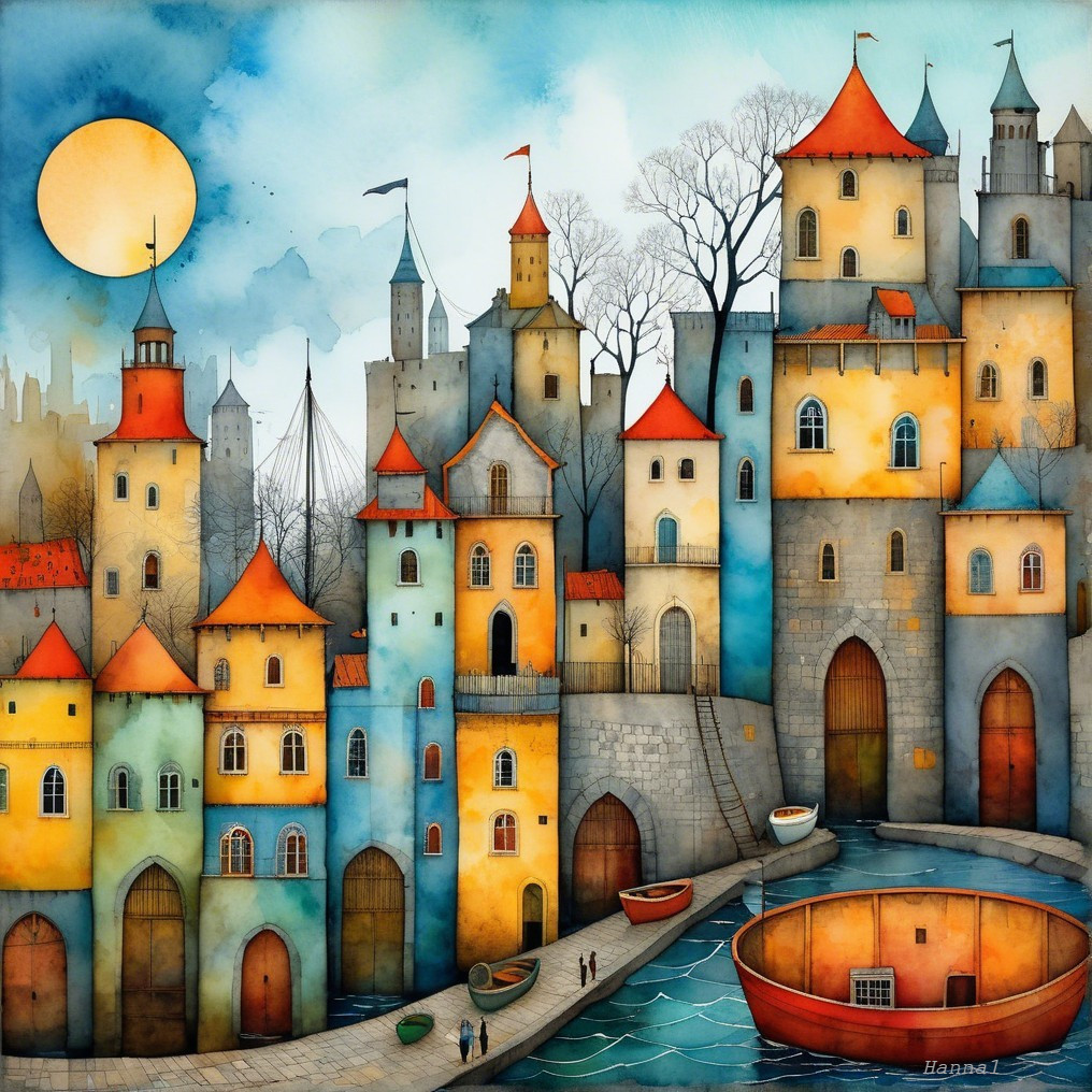 Colorful cityscape with whimsical buildings and river
