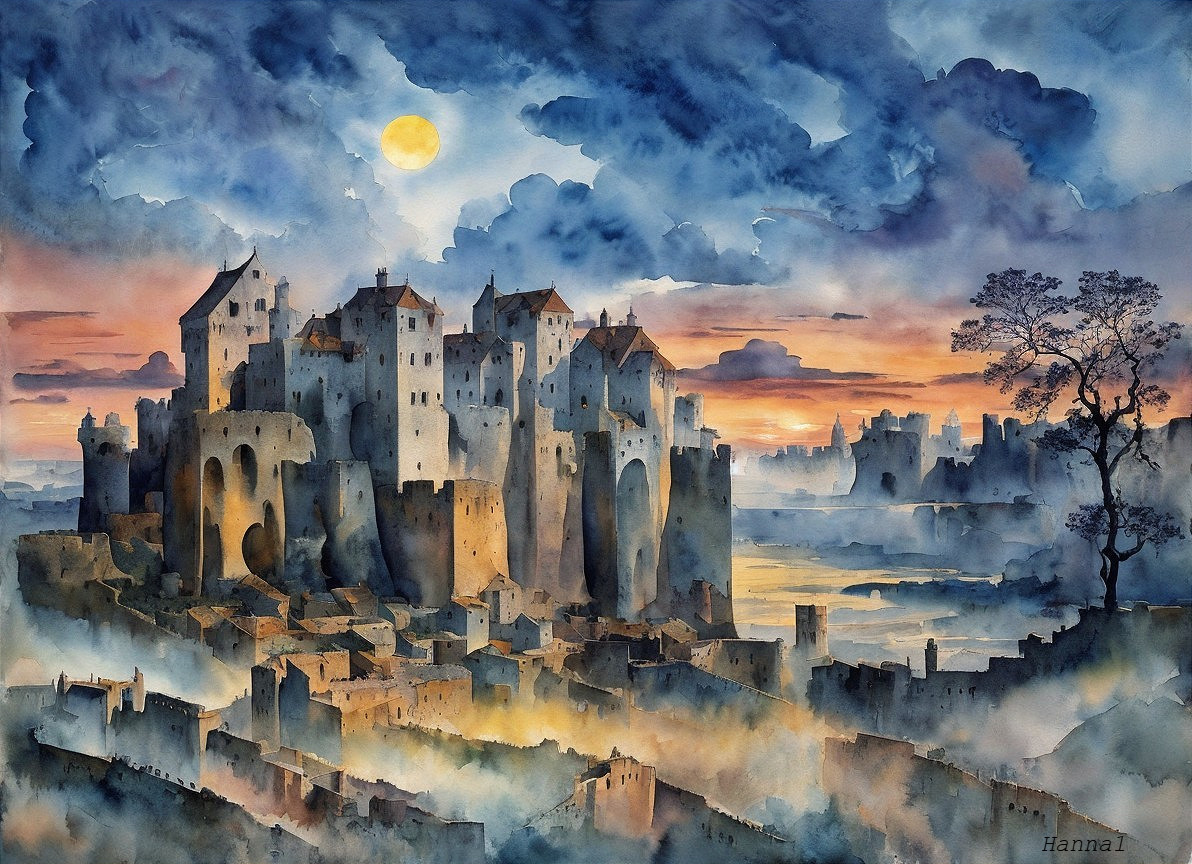 Watercolor Castle Scene with Mist and Ethereal Light