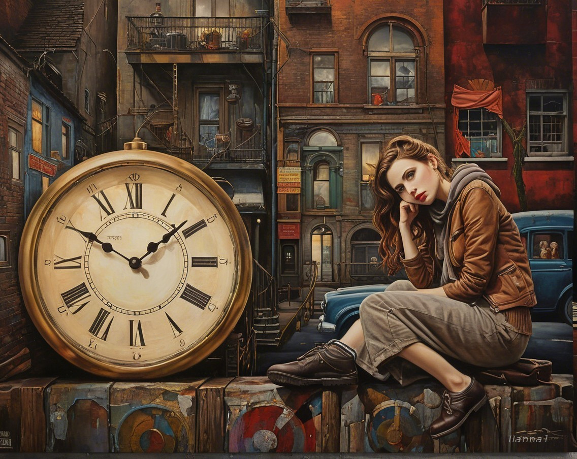 Young Woman Contemplates Beside Vintage Clock in City