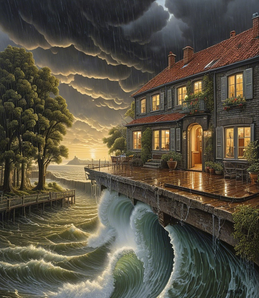 Coastal House with Red-Tiled Roof in Stormy Weather