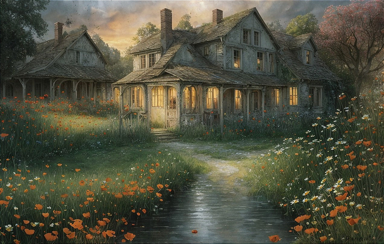 Dilapidated House Surrounded by Wildflowers and Greenery