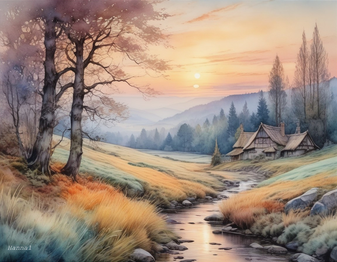 Serene Landscape with Stream and Sunset Over Cottage