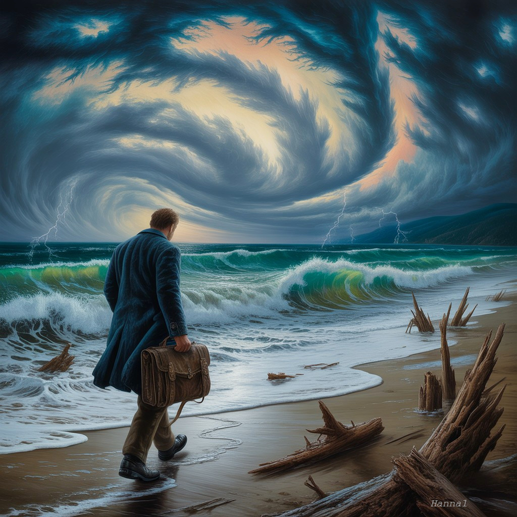 Lone Figure on Stormy Beach with Dramatic Waves