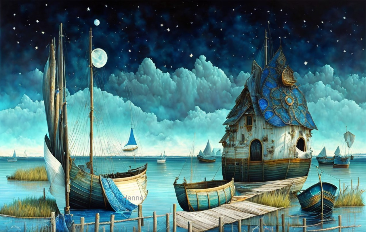 Starry Night Sky Scene with Boats on Water
