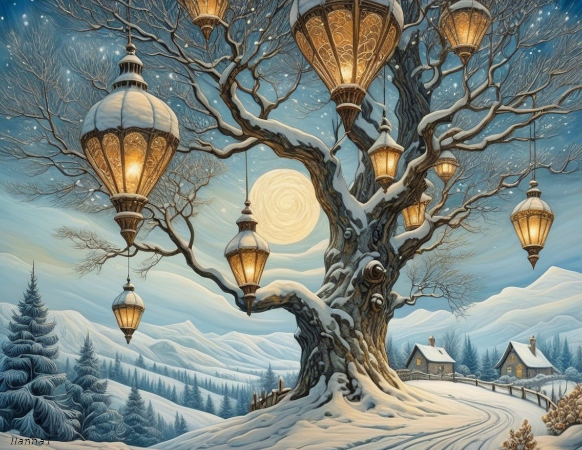 Bare tree with lanterns in a snowy landscape