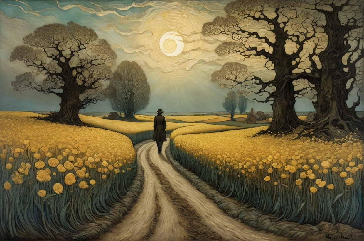 Winding Path Through Yellow Fields and Twisted Trees