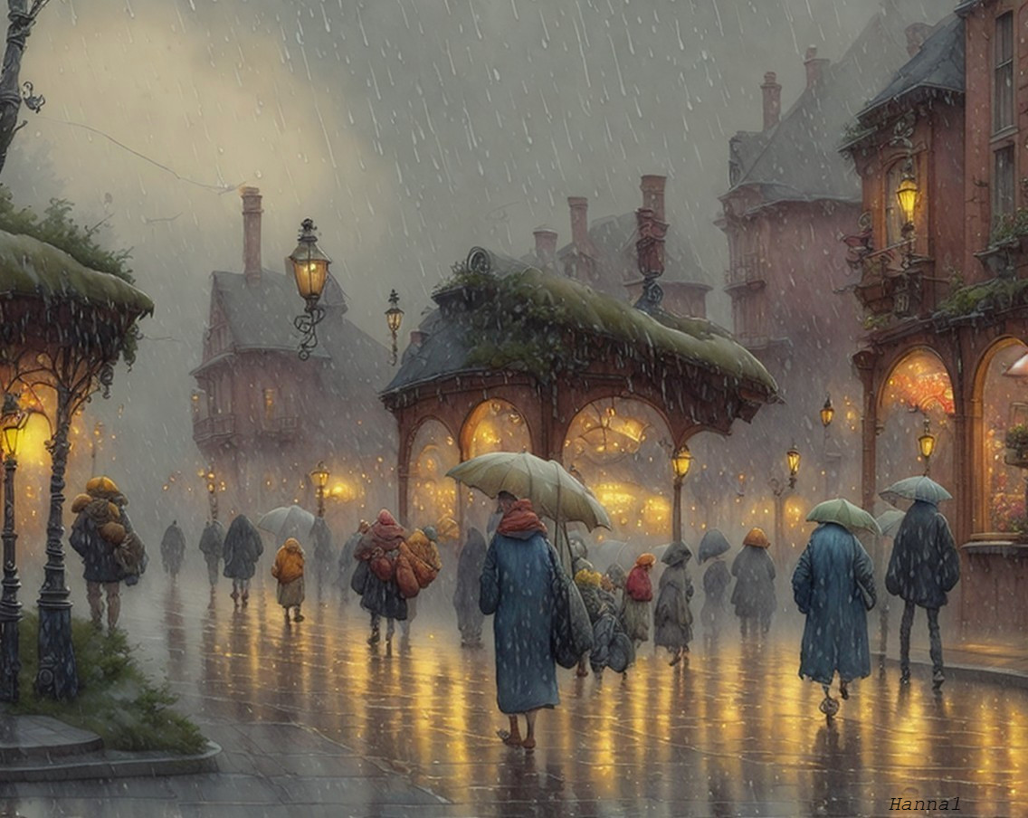 Rainy Street Scene with Old-World Charm and Umbrellas