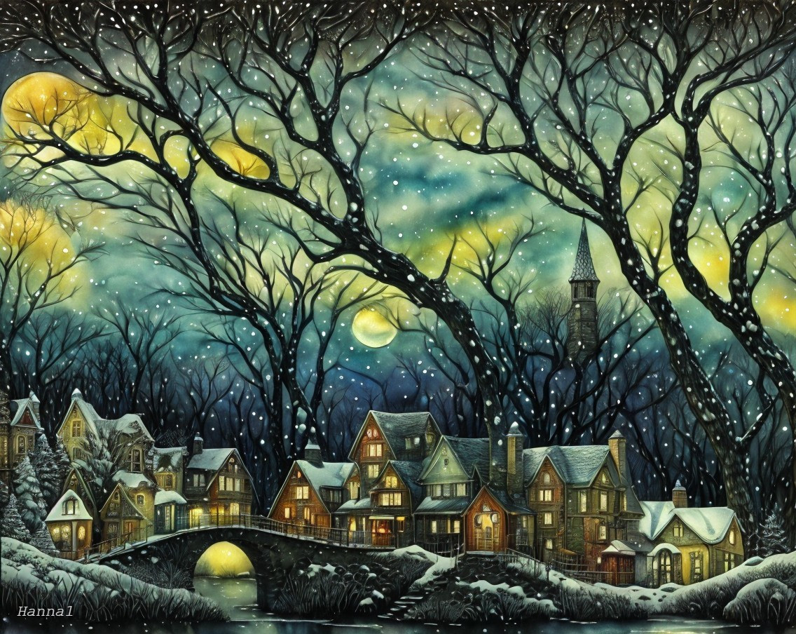 Winter Village Scene Under Starry Night Sky