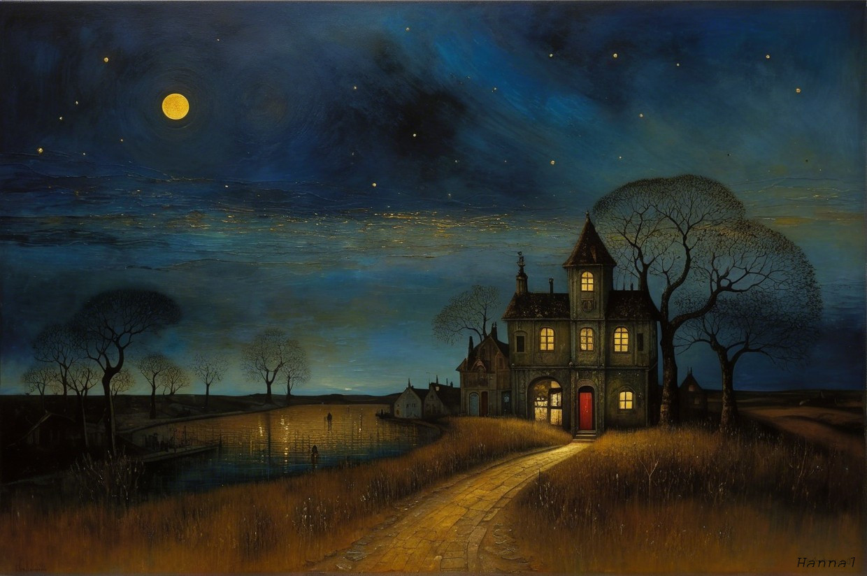 Moonlit Nighttime Landscape with Tranquil House