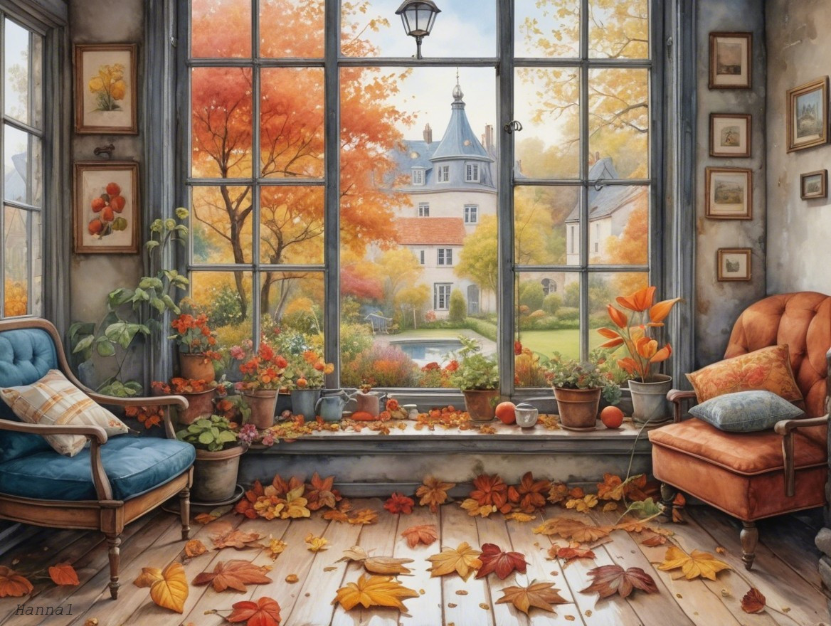 Cozy Room with Autumn Landscape and Inviting Decor