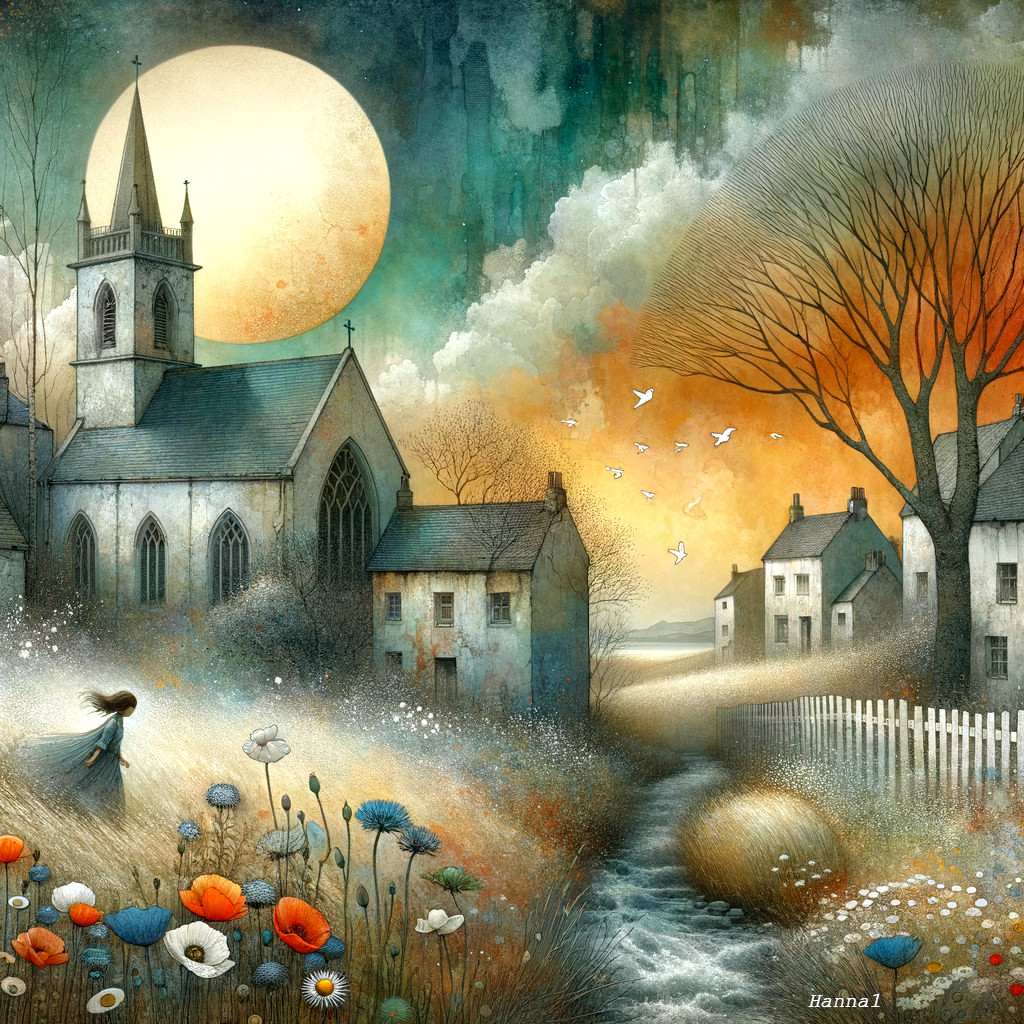 Quaint Village Landscape Under a Glowing Moon