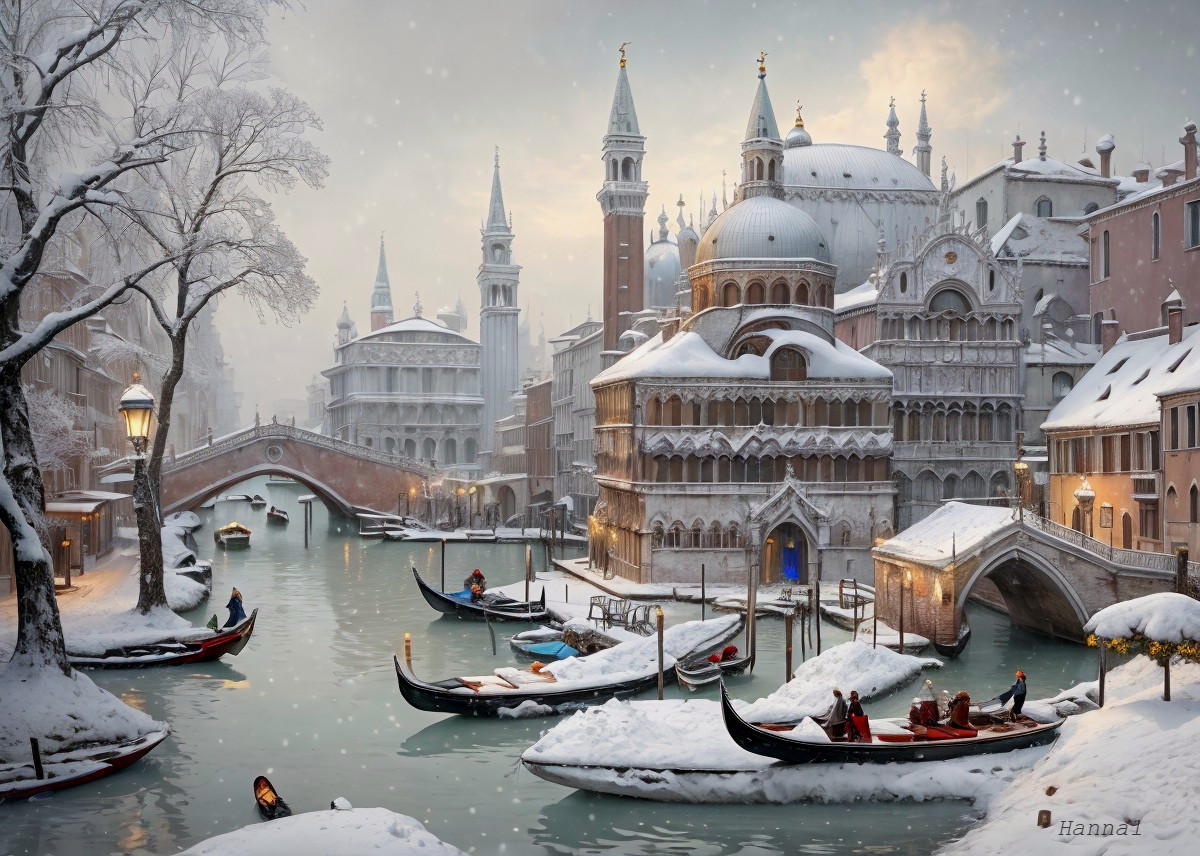 Winter Scene in Venice with Snow-Covered Canals