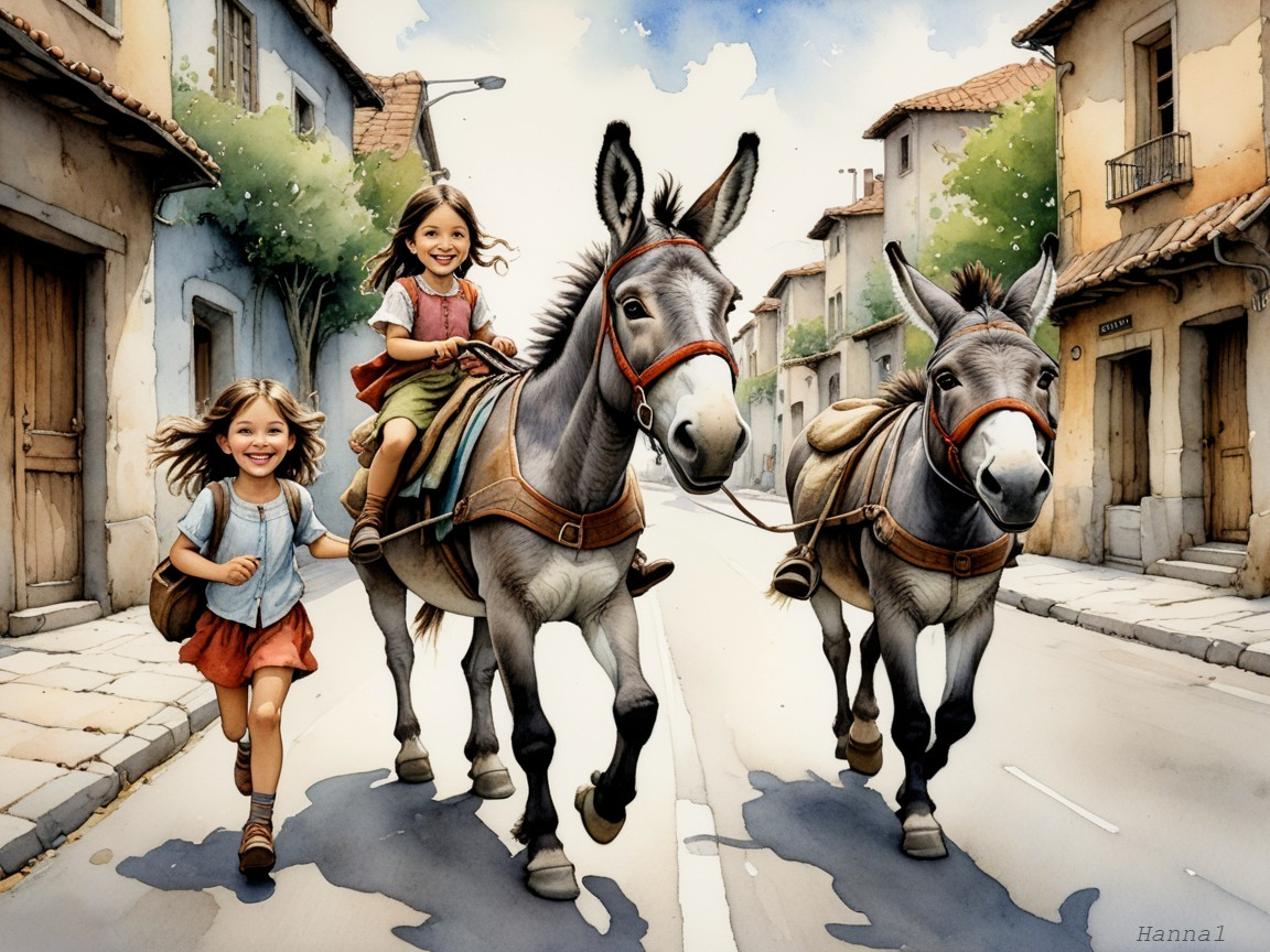 Girls Racing with Donkeys in a Quaint Village Street