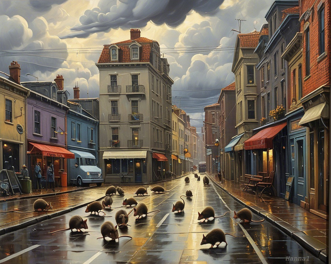 Cobblestone Street Scene with Rats and Dramatic Sky