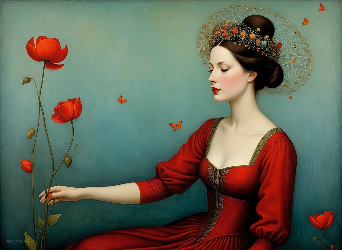 Serene Woman in Red Gown Among Flowers and Butterflies