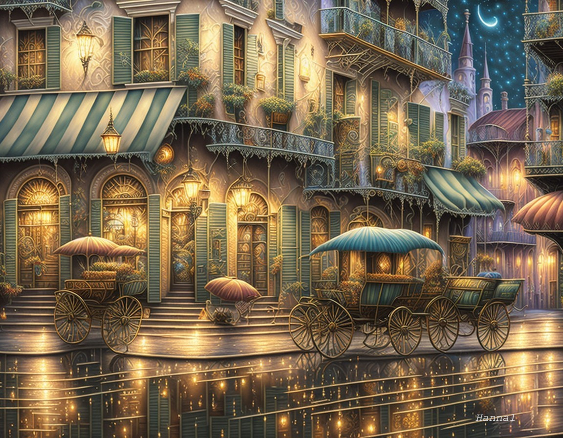 Charming Vintage Street Scene with Lanterns and Carriages