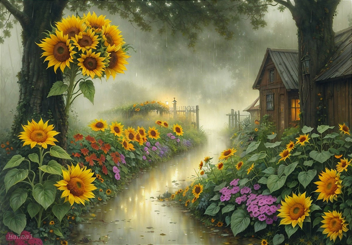 Vibrant Sunflowers and Quaint Cottage in Garden Scene