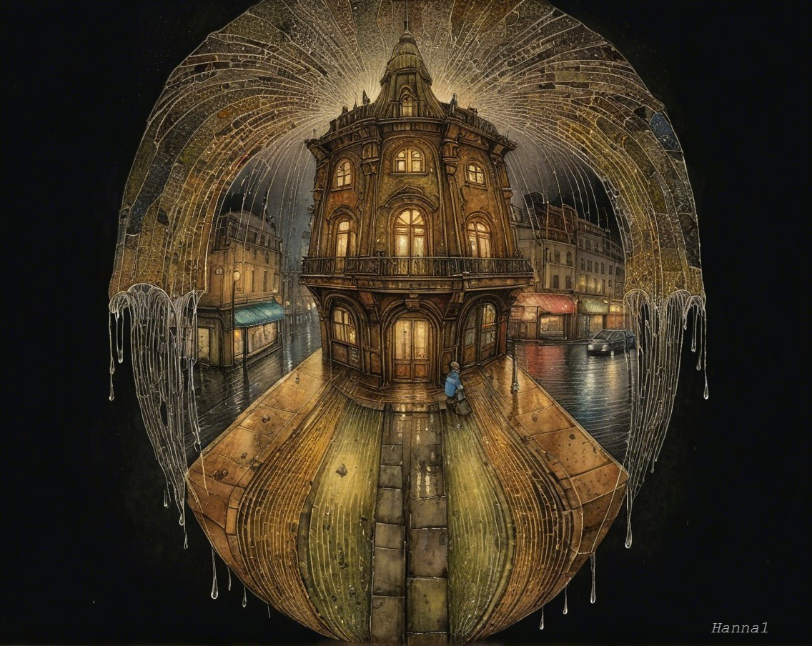 Whimsical Architectural Scene with Night Sky and Reflections