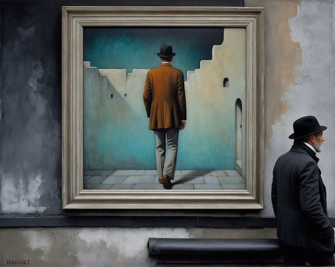 Man in Stylish Coat Beside Framed Painting of Landscape