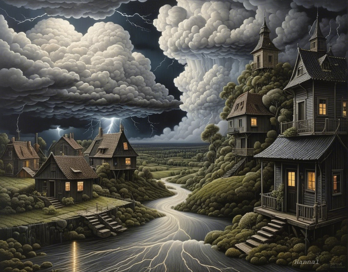 Surreal Landscape with Quaint Houses and Stormy Sky