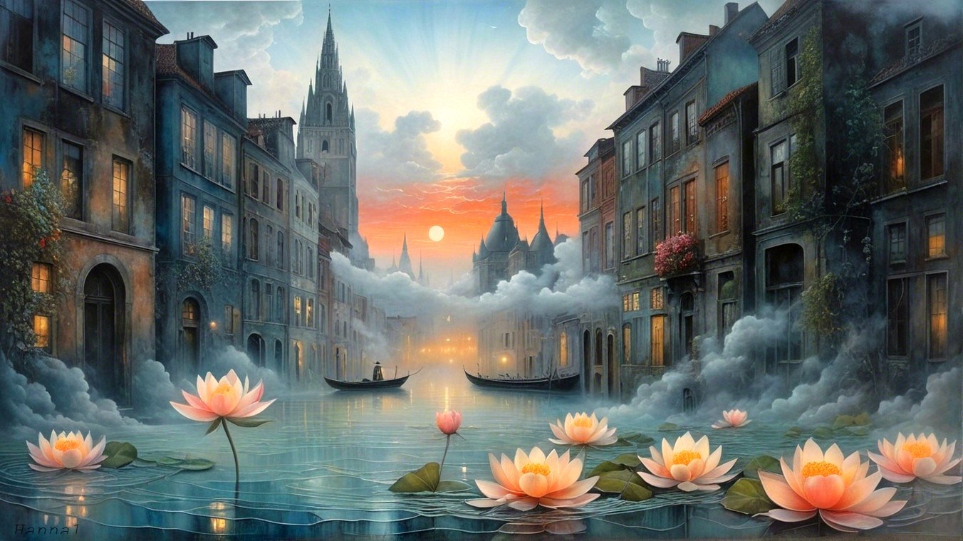 Serene Sunset Canal Scene with Lush Lily Pads