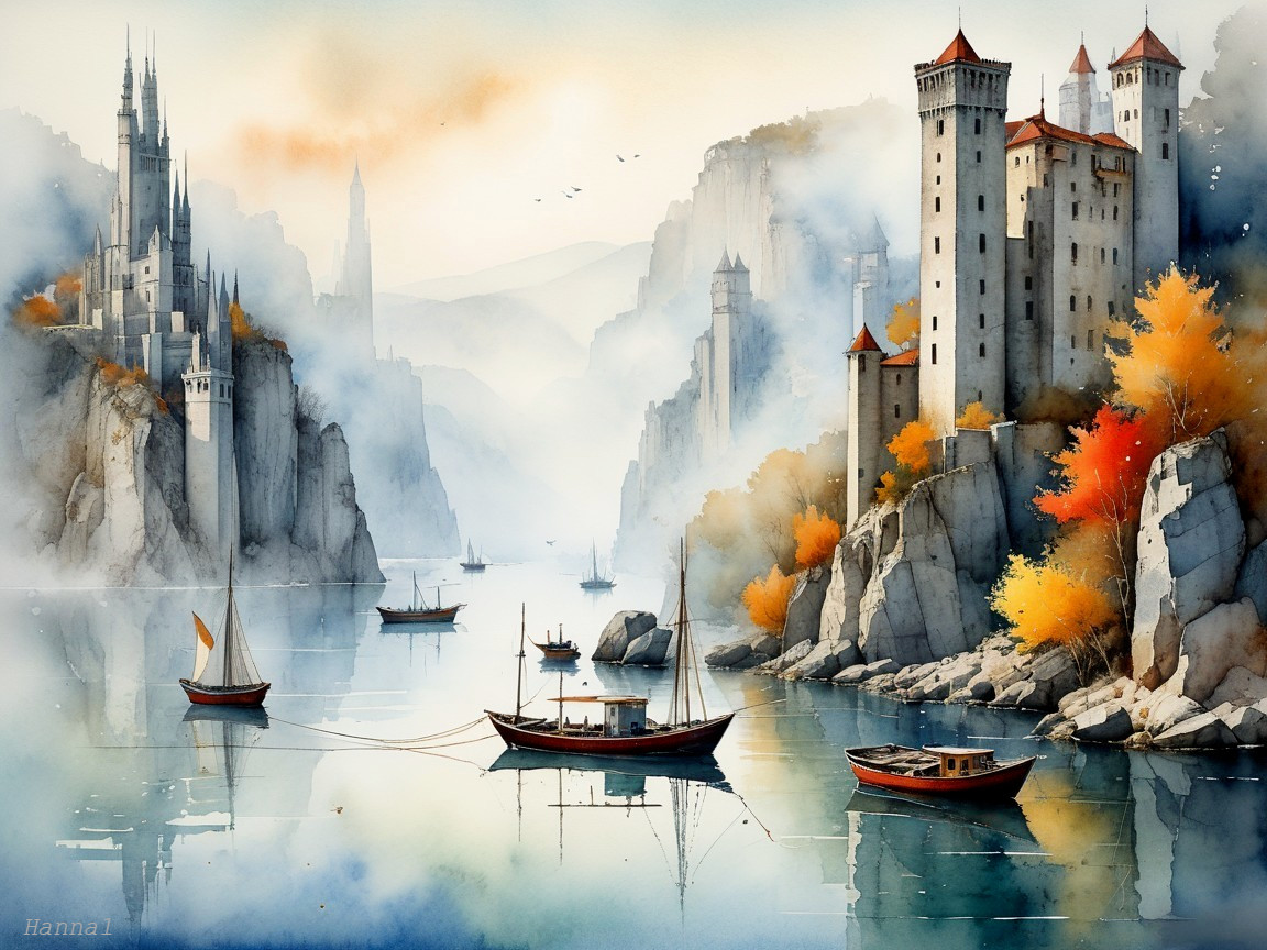 Watercolor of a tranquil river with castles and cliffs
