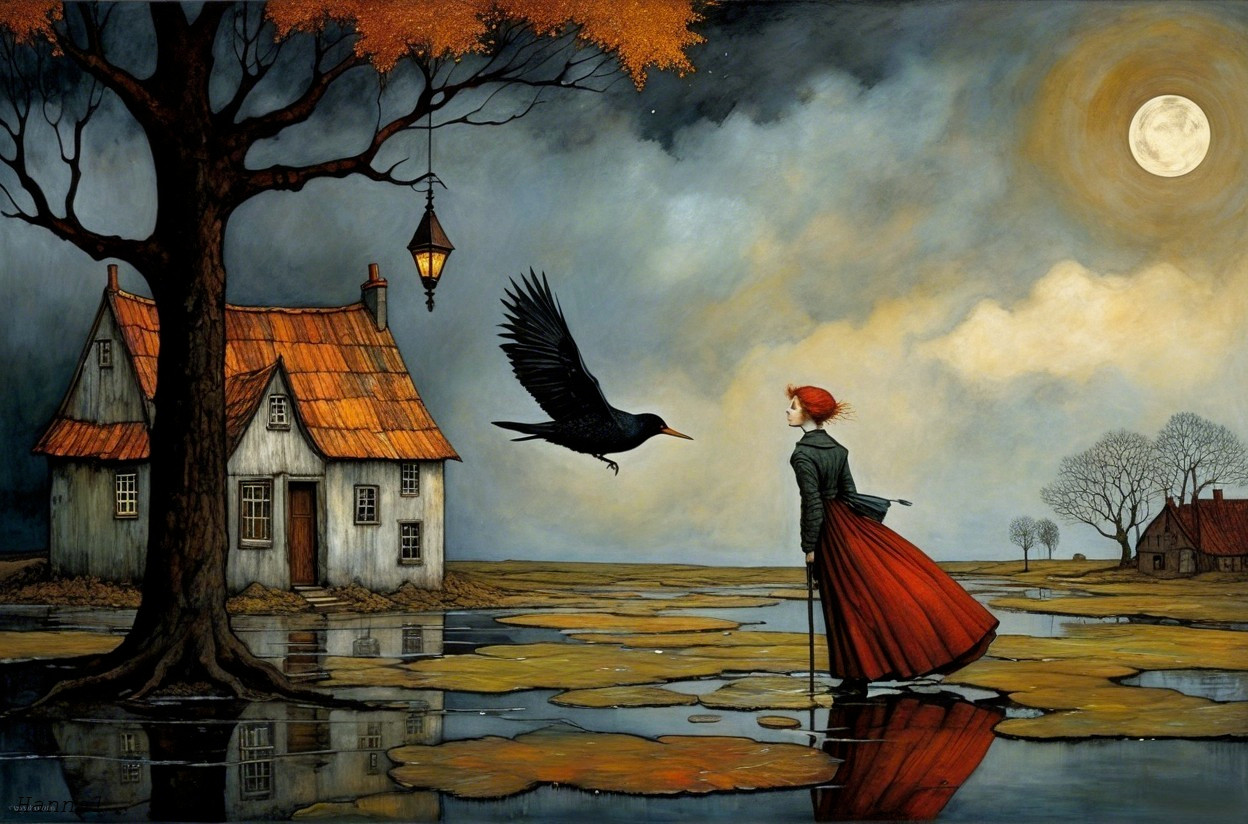 Whimsical Landscape with Young Woman by Tranquil Pond