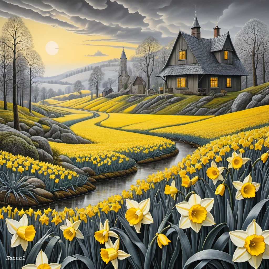 Serene landscape with a house and blooming daffodils