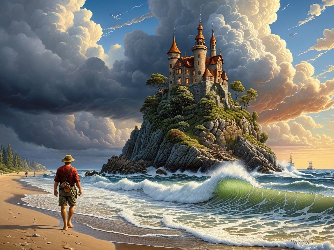 Lone Figure on Beach with Castle and Dramatic Clouds