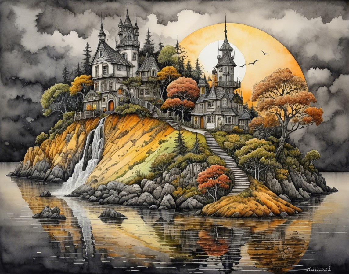 Watercolor Illustration of Castle on Rocky Island