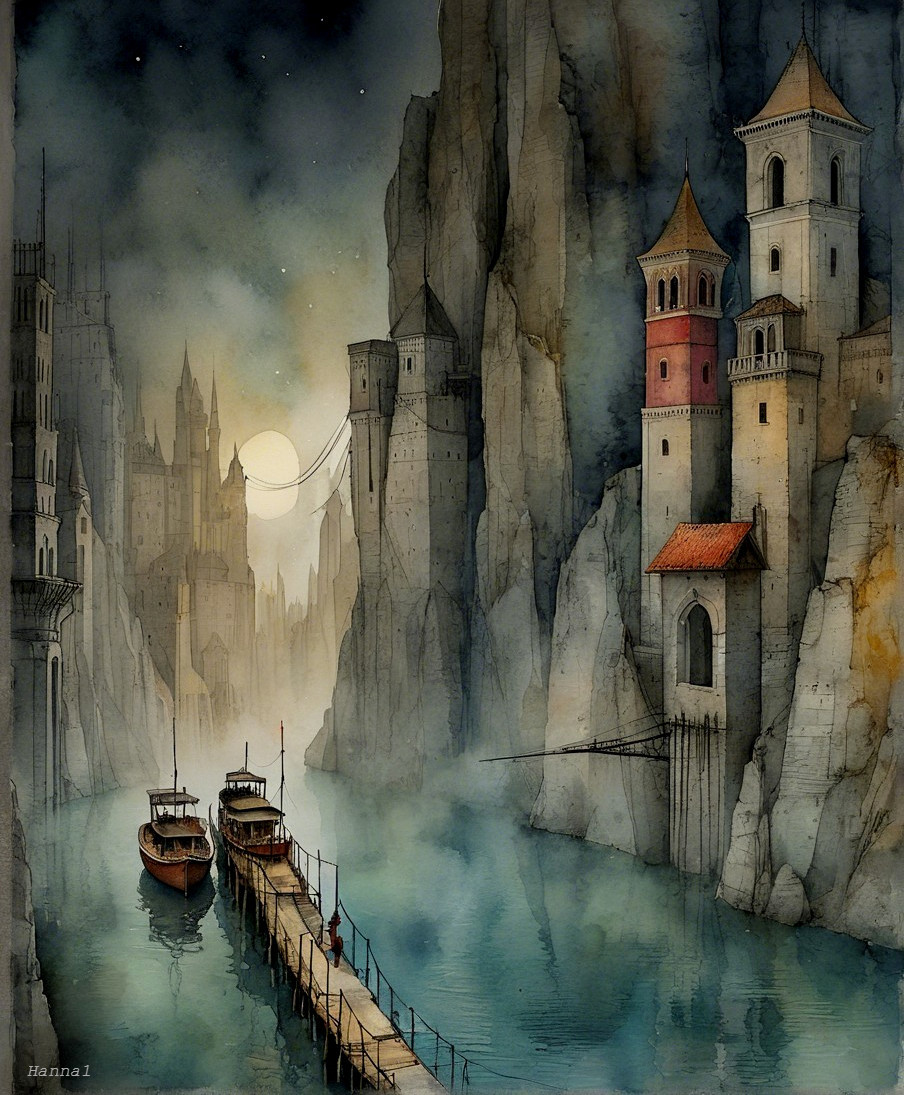Serene Landscape with River and Whimsical Castles