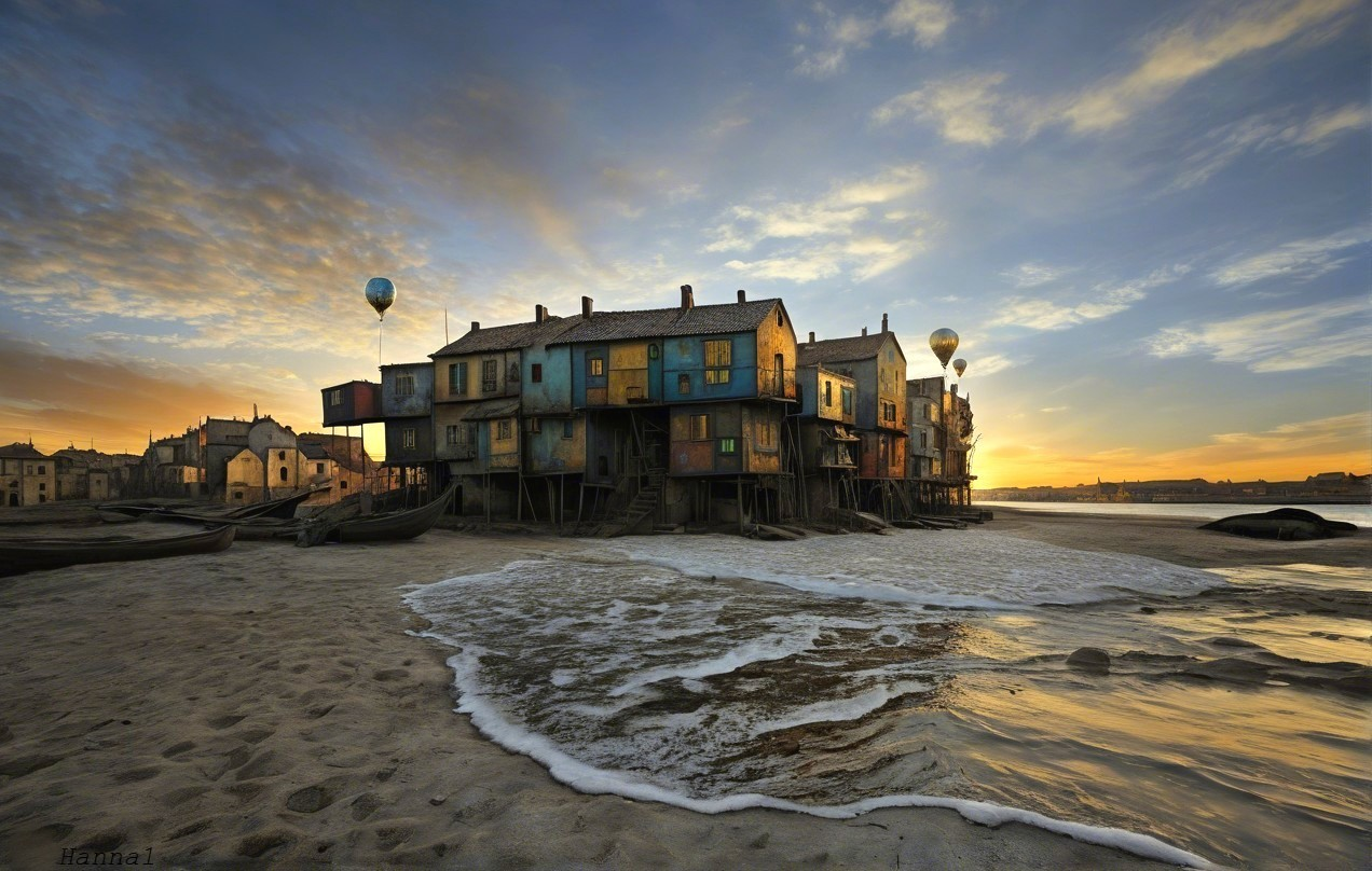 Colorful Wooden Houses on Stilts by Sandy Shore